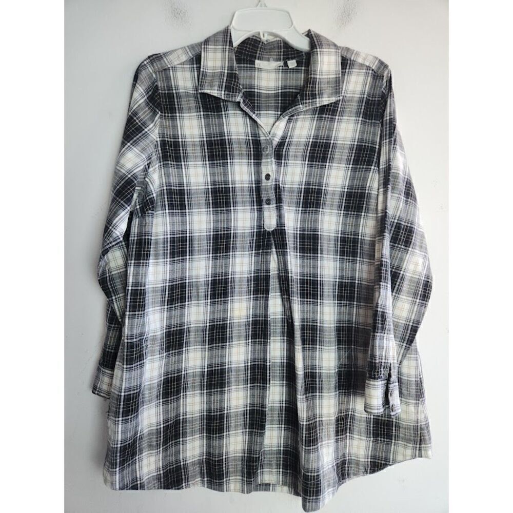 J.Jill Uncommon Threads Black Grey Plaid 100% Cotton Pop Over Blouse sz Large P.